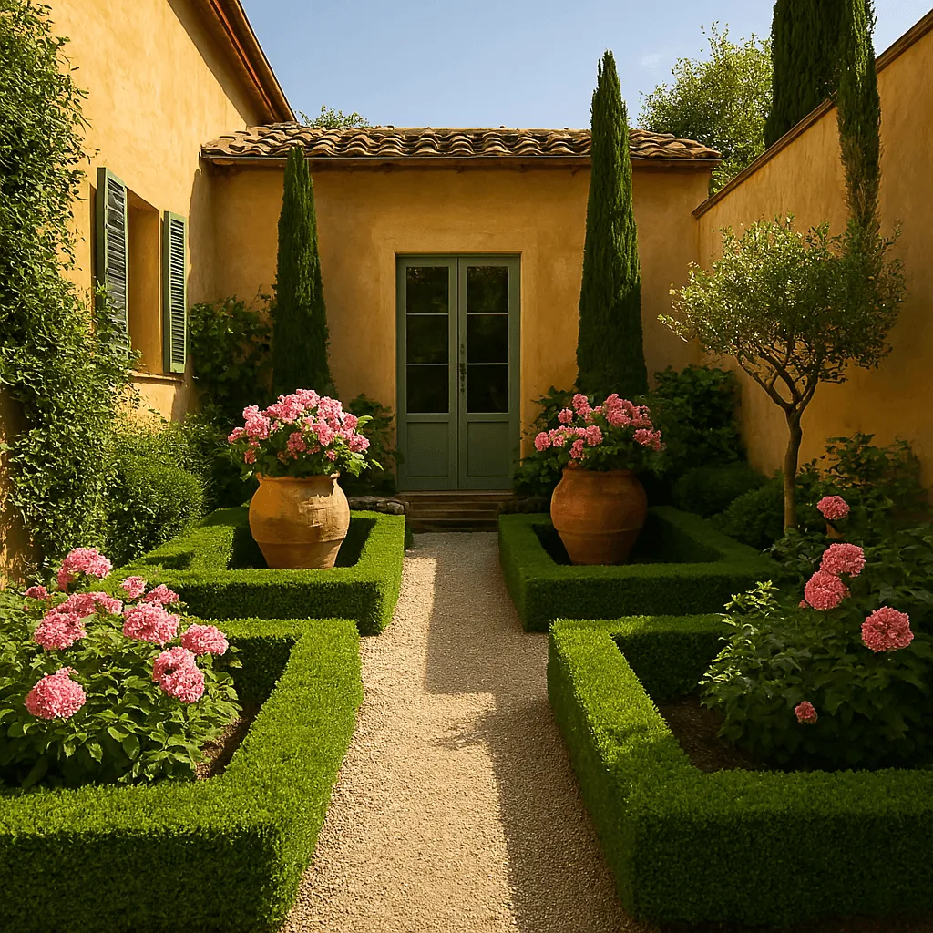 Giardino curato e mantenuto con piante ornamentali e aiuole ben definite