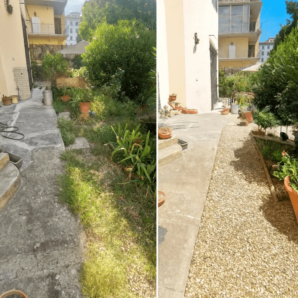 Pulizia vialetto in ghiaia e aiuole in un giardino privato